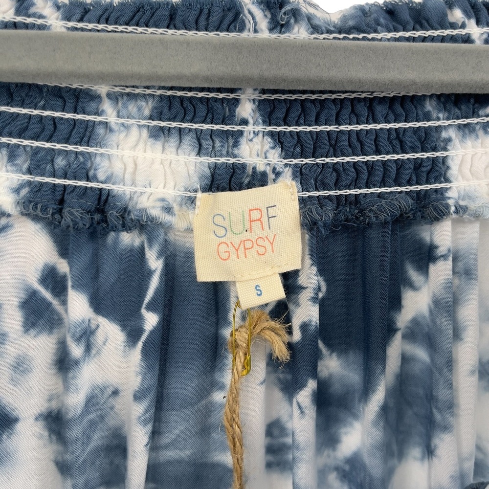 Surf Gypsy Shirt Womens Off Shoulder Blue Tie Dye Flowy Tassel Short Sleeve S - Picture 8 of 10